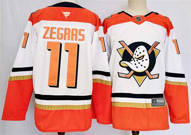 Mens Anaheim Ducks #11 Trevor Zegras White Orange 2024-25 Stitched Jersey